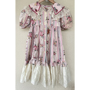 VTG Demitasse Pink Floral Lace Bib Collar Puff Sleeve Dress 6 Eyelet Cottage